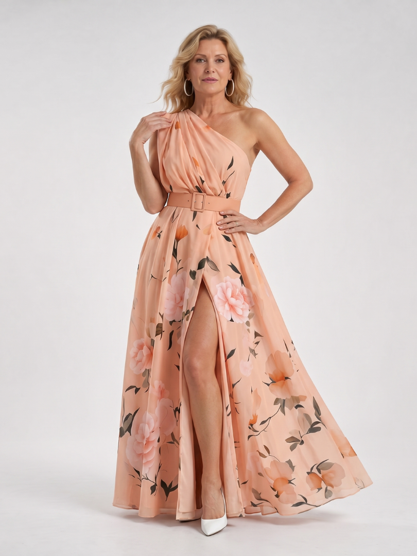 Areani | Floral Print One Shoulder Belted Maxi Dress