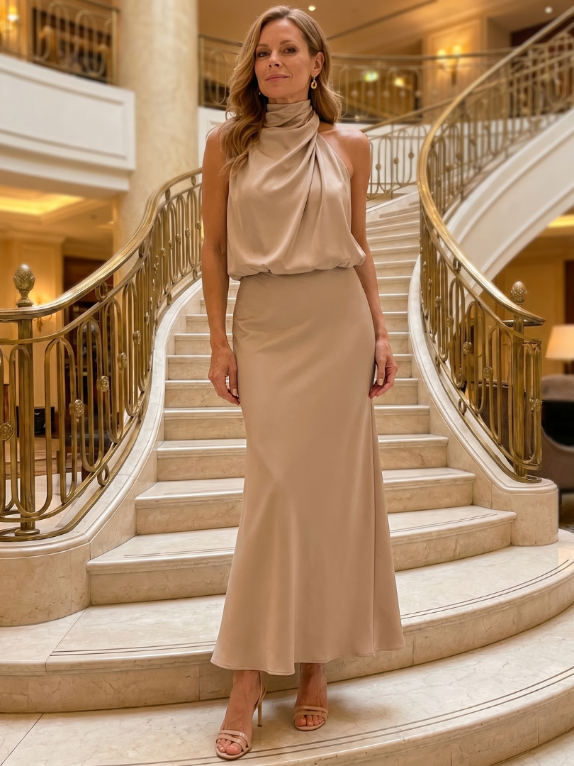Nopal™ | Sleeveless Draped Neck Midi Dress