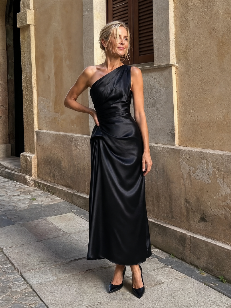 Zeima | One Shoulder Draped Satin Midi Dress