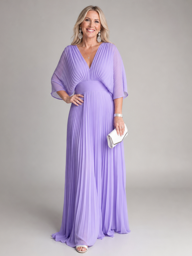 Semmy | V Neck Long Sleeve Pleated Maxi Dress