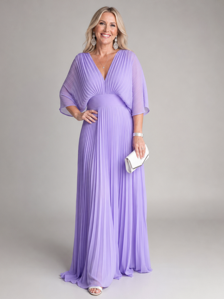 Semmy | V Neck Long Sleeve Pleated Maxi Dress