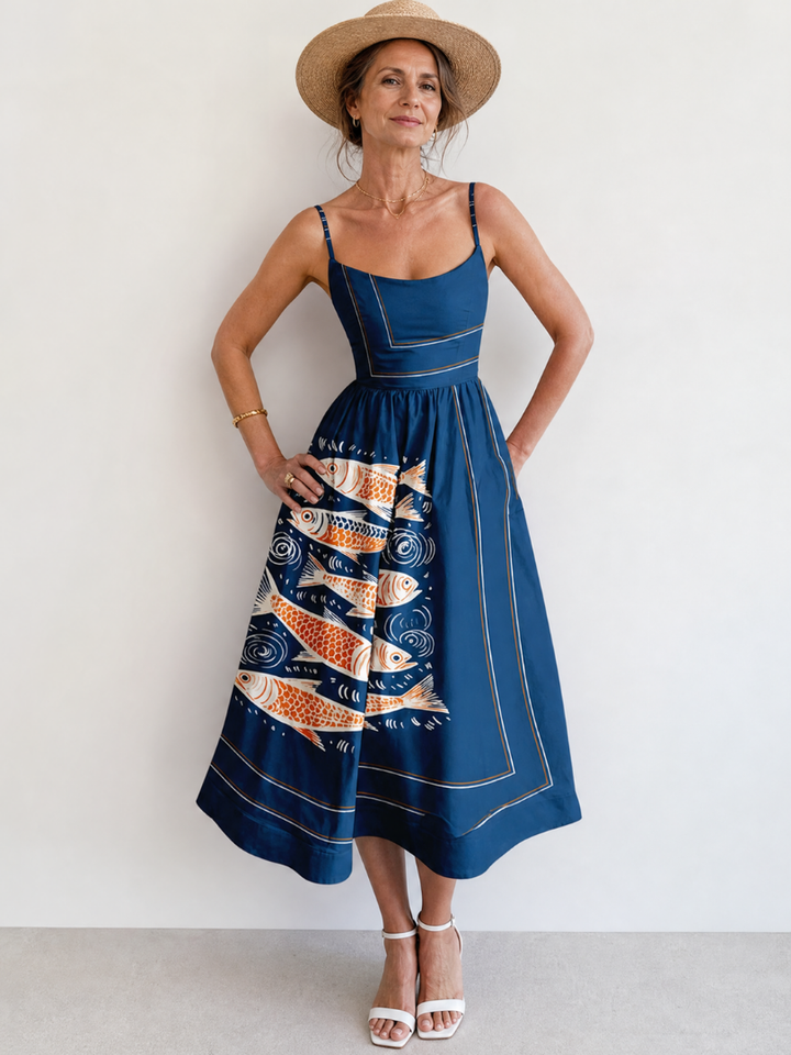 Calythene | Fish Print Sleeveless Midi Dress