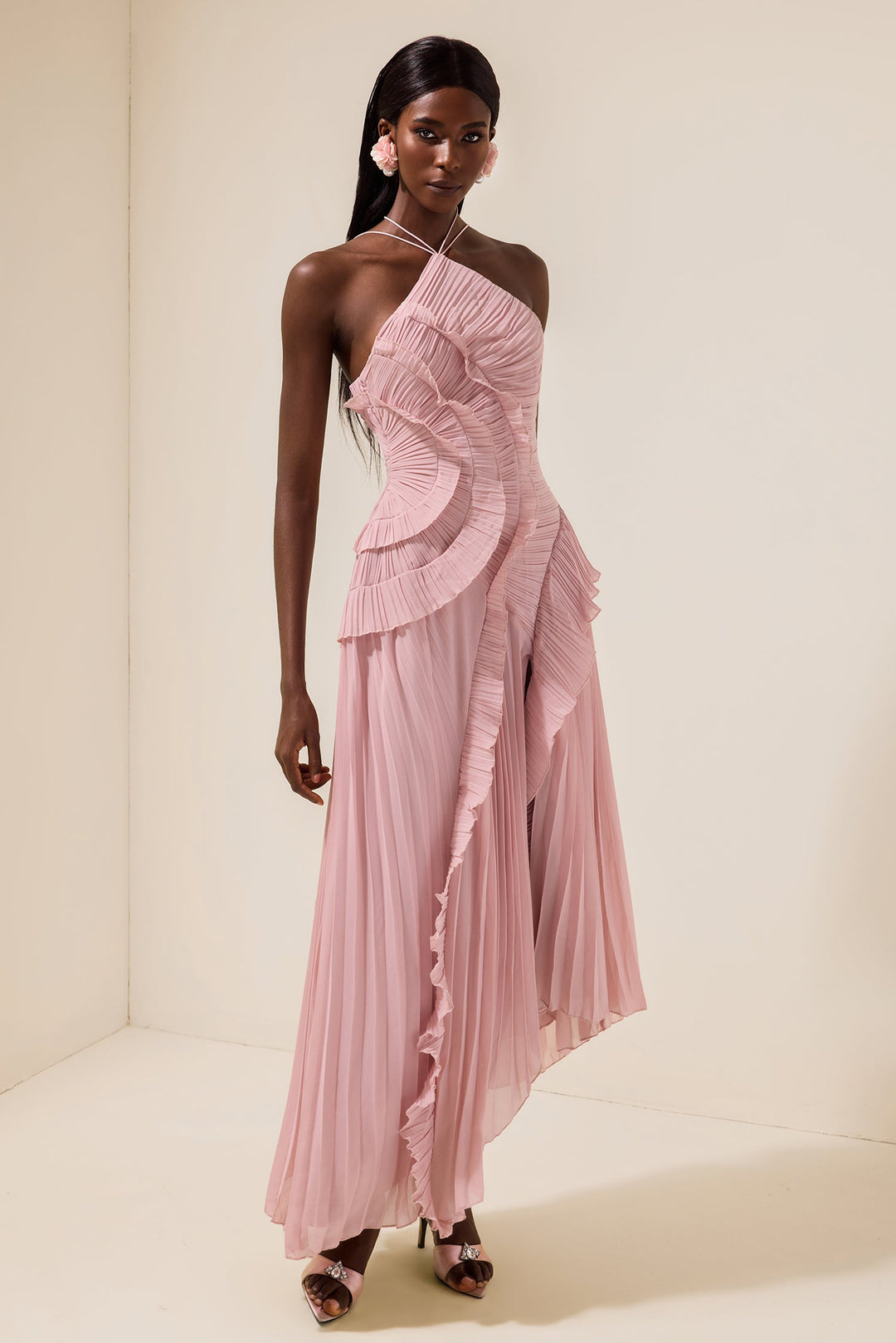 Pleated Frill Halter Neck Midi Dress