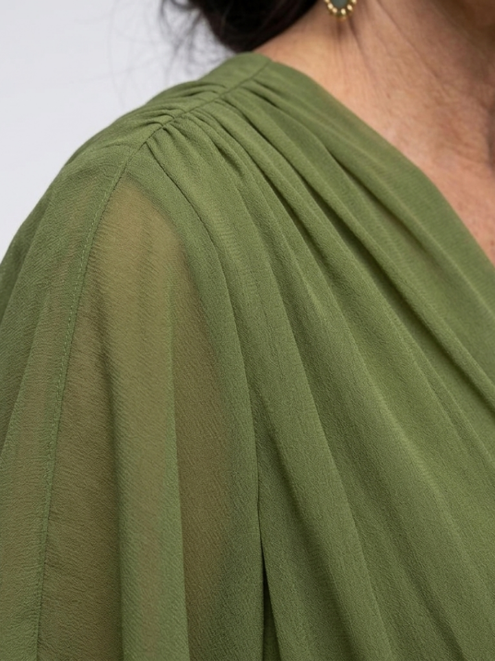 Elysia | V Neck Draped Waist Tie Midi Dress