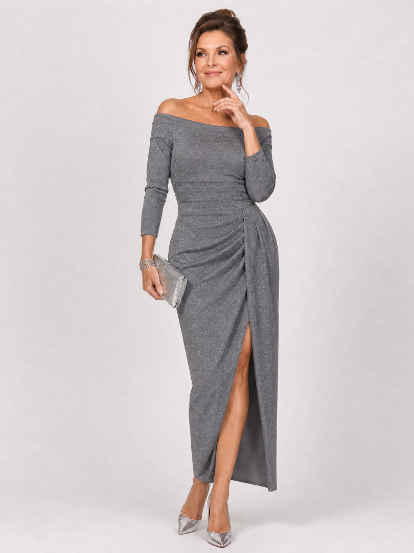 Tindra | Off Shoulder Ruched Slit Midi Dress