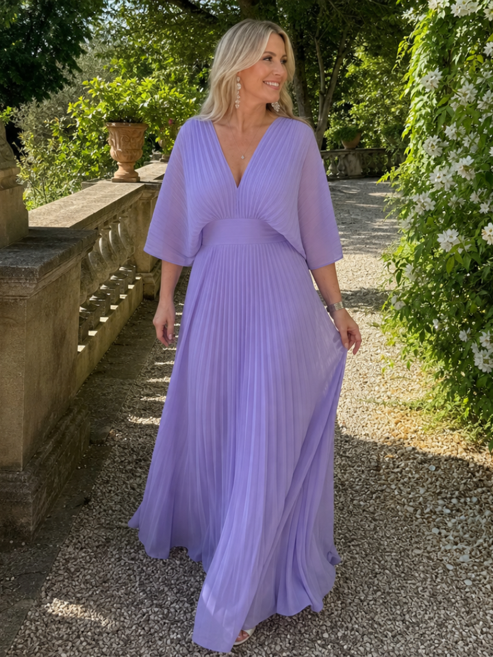 Semmy | V Neck Long Sleeve Pleated Maxi Dress