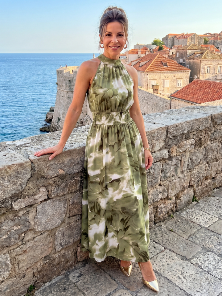 Olivia™ | Gathered Waist Abstract Print Midi Dress
