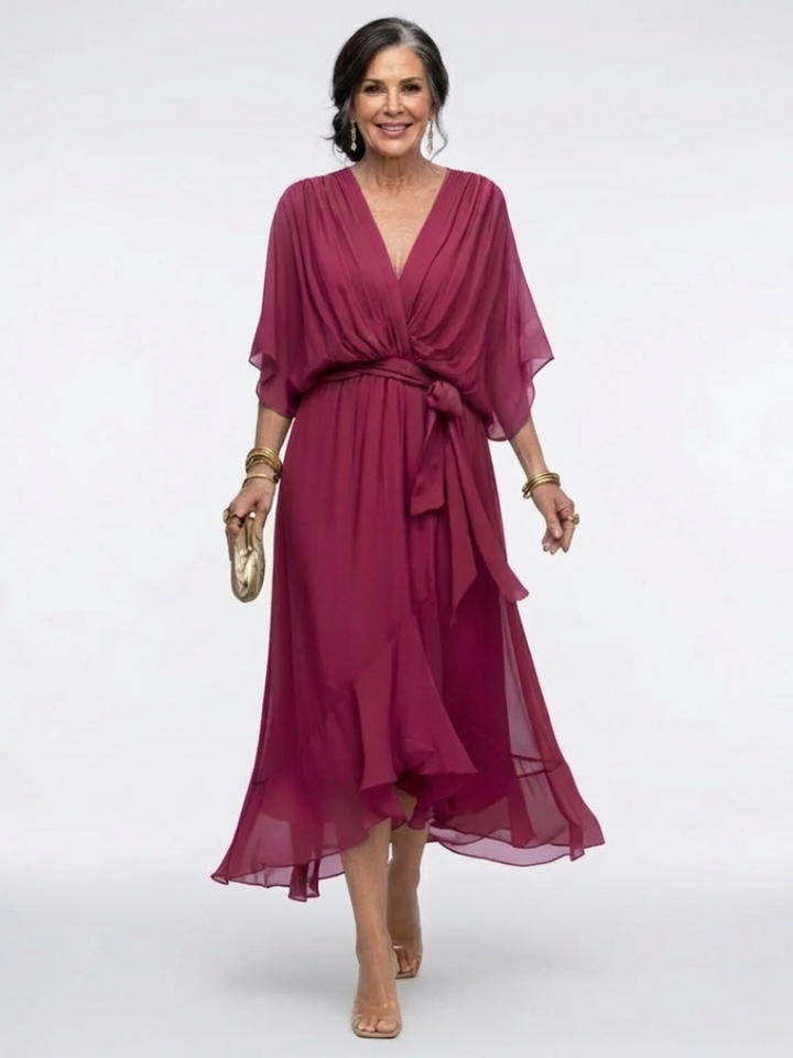 Elysia | V Neck Draped Waist Tie Midi Dress