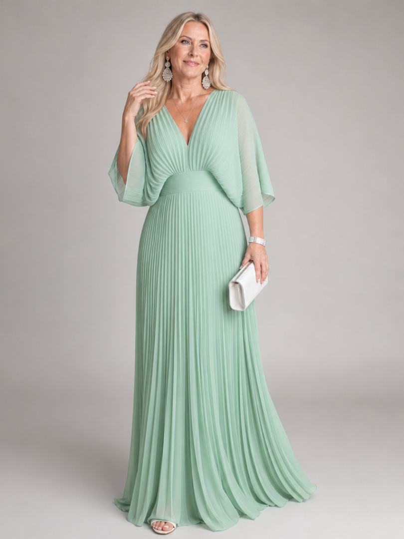 Semmy | V Neck Long Sleeve Pleated Maxi Dress