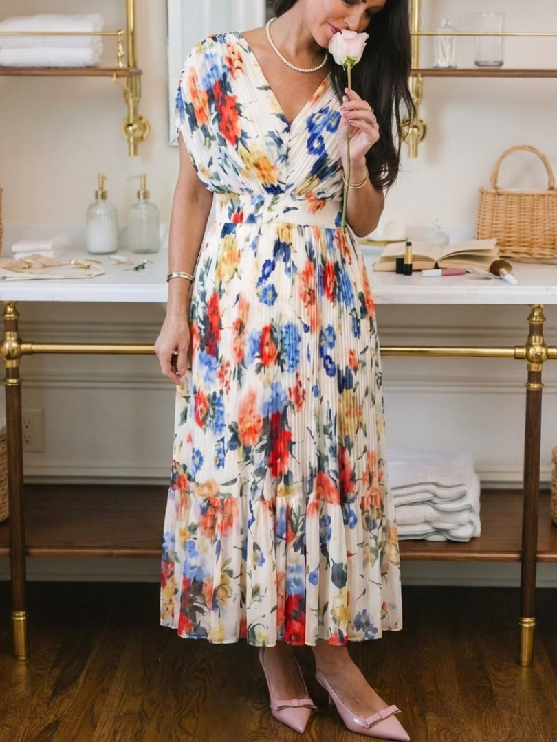 Savannah | Short Sleeve Pleated Floral Midi Dress