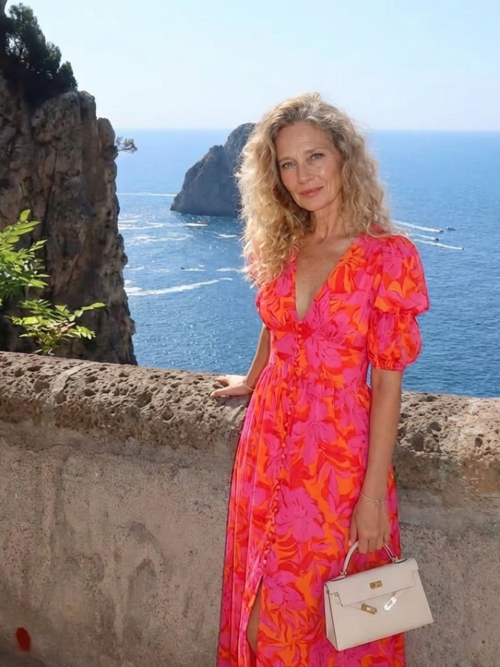 Willow | Floral V Neck Puff Sleeve Midi Dress