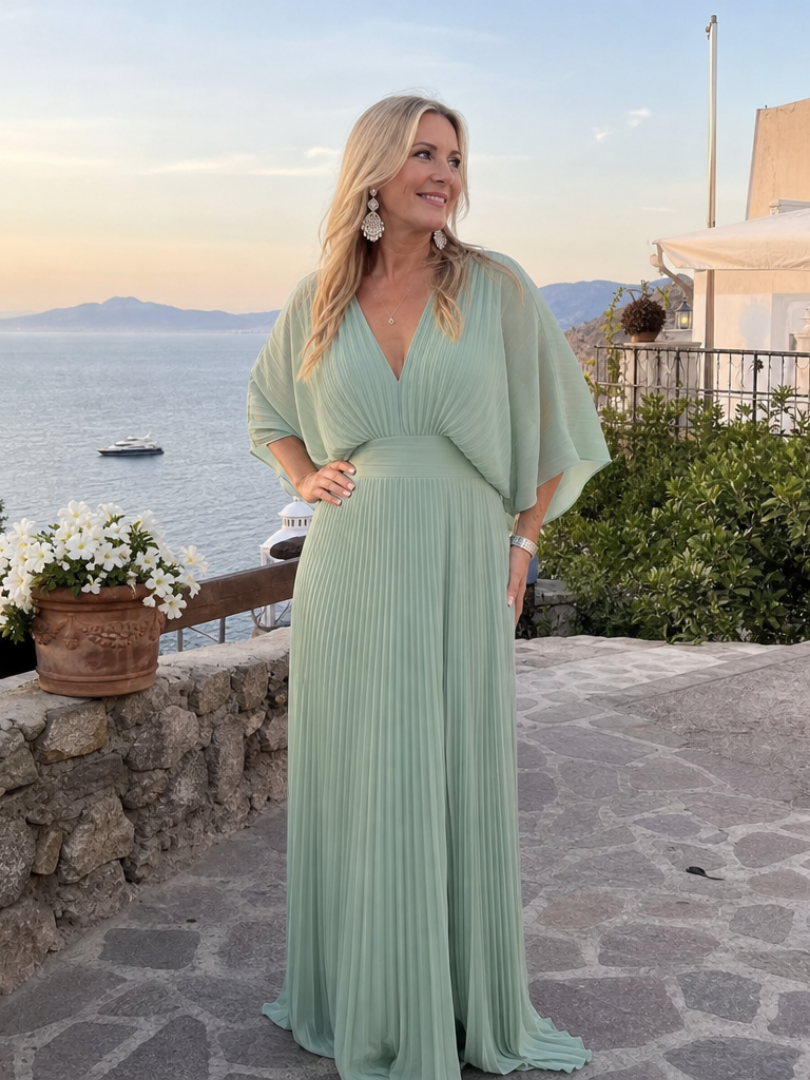 Semmy | V Neck Long Sleeve Pleated Maxi Dress