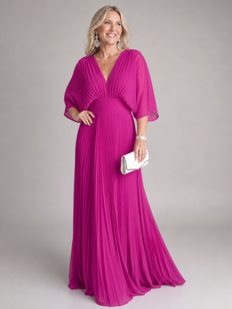 Semmy | V Neck Long Sleeve Pleated Maxi Dress