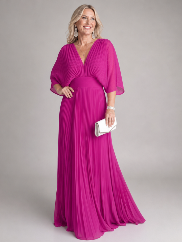 Semmy | V Neck Long Sleeve Pleated Maxi Dress