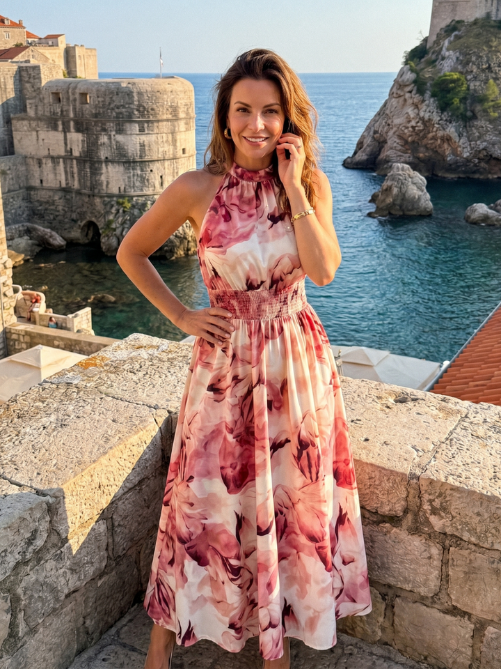Olivia™ | Gathered Waist Abstract Print Midi Dress