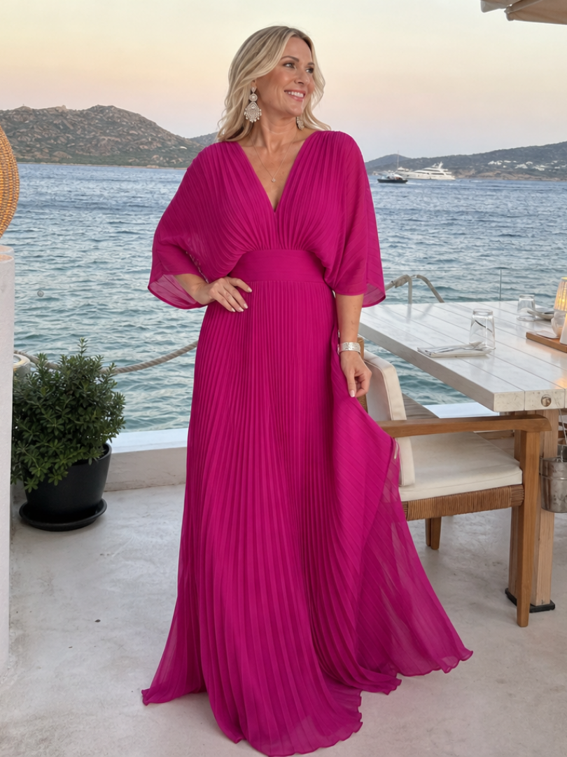 Semmy | V Neck Long Sleeve Pleated Maxi Dress