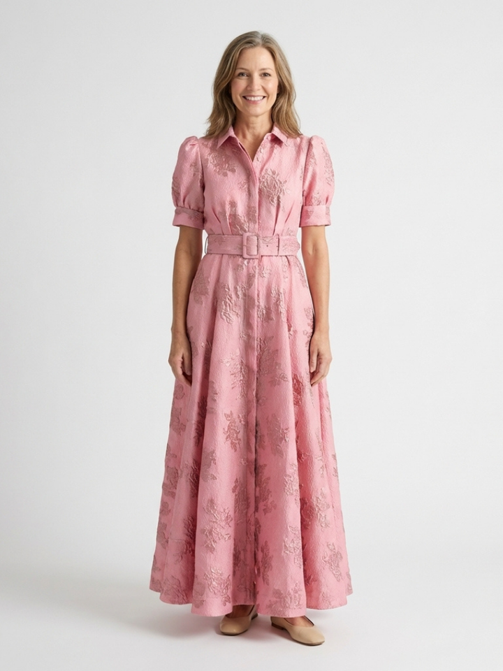 Xanthea | Short Sleeve Belted Floral Textured Maxi Shirt Dress