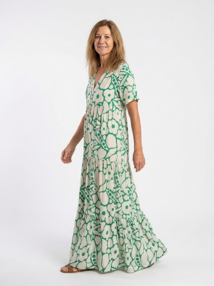 Jennifer | Elegant Short Sleeve V Neck Floral Midi Dress