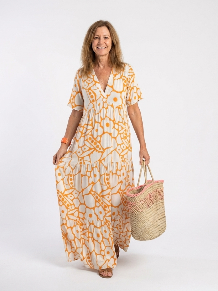 Jennifer | Elegant Short Sleeve V Neck Floral Midi Dress