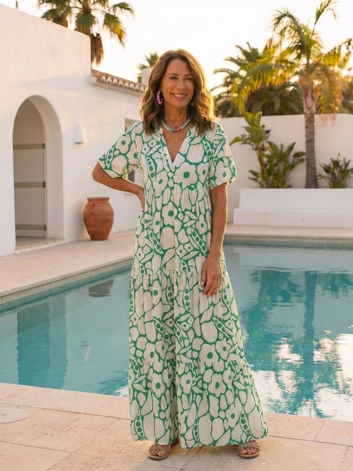 Jennifer | Elegant Short Sleeve V Neck Floral Midi Dress