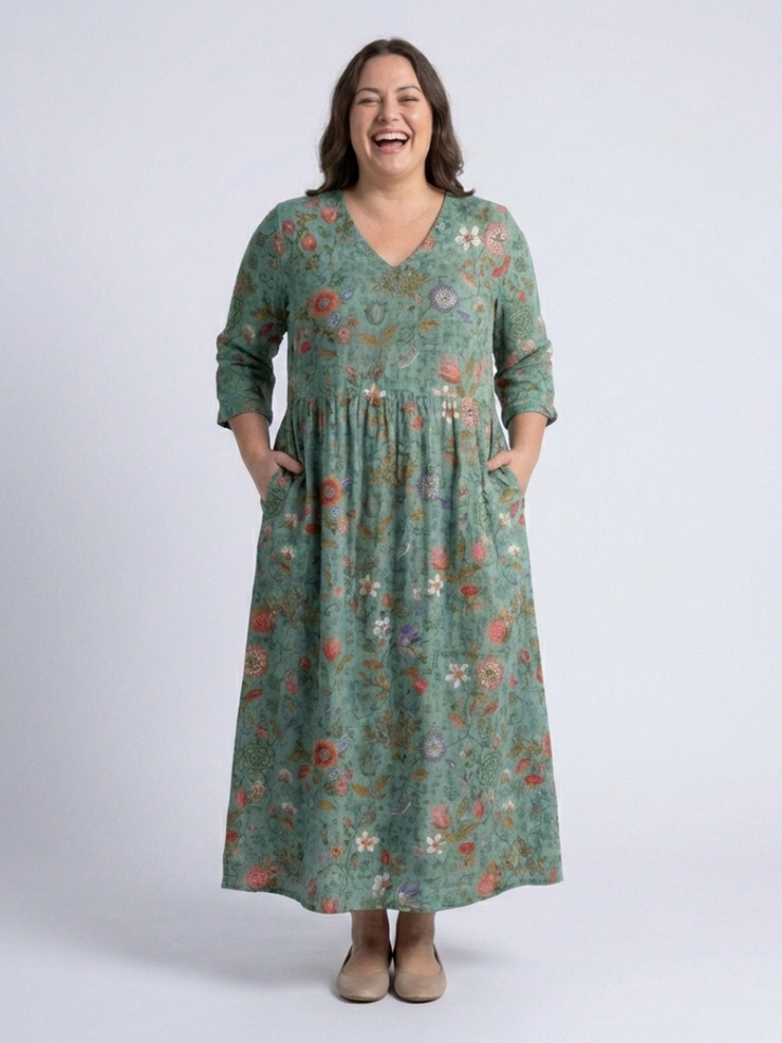 Marina | Floral V Neck Three Quarter Sleeve Maxi Dress