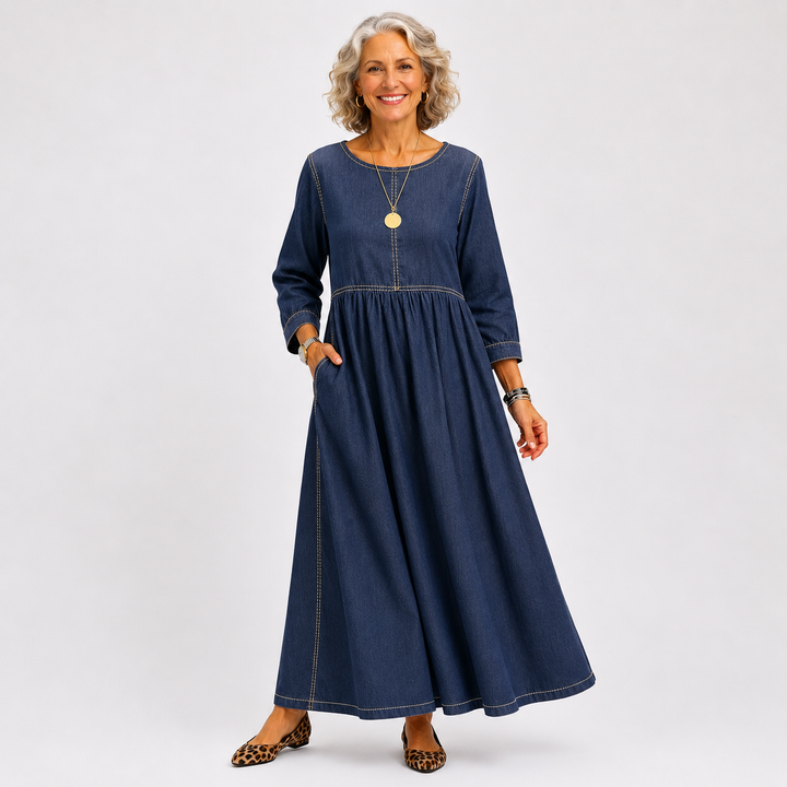 Cece | Elegant Round Neck Long Sleeve Denim Dress