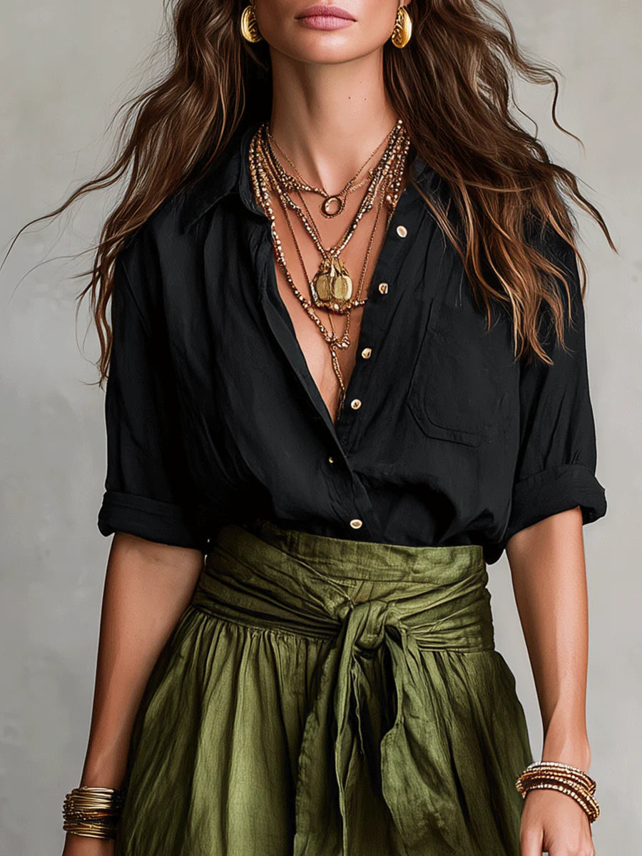 Vera™ | Two-Piece Set: Black Blouse and Olive Green Midi Skirt