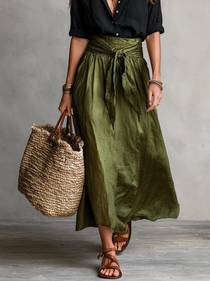 Vera™ | Two-Piece Set: Black Blouse and Olive Green Midi Skirt