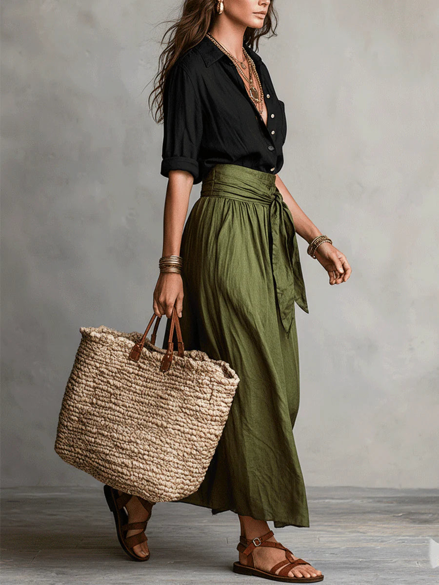 Vera™ | Two-Piece Set: Black Blouse and Olive Green Midi Skirt