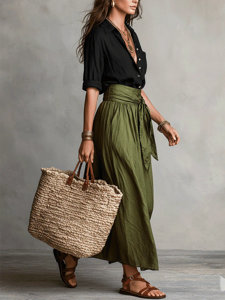 Vera™ | Two-Piece Set: Black Blouse and Olive Green Midi Skirt