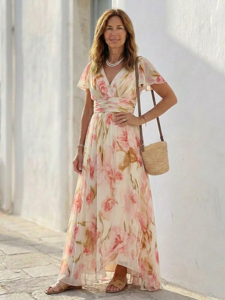 Elara | V Neck Short Sleeve Floral Maxi Dress