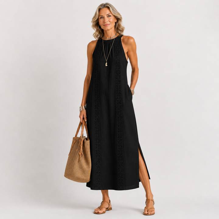 Jaylizza | Relaxed Embroidered Mandarin Collar Midi Dress