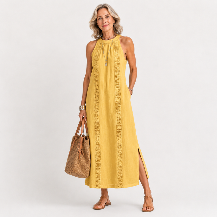 Jaylizza | Relaxed Embroidered Mandarin Collar Midi Dress