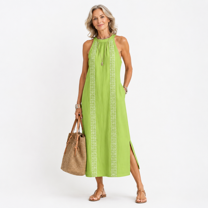 Jaylizza | Relaxed Embroidered Mandarin Collar Midi Dress