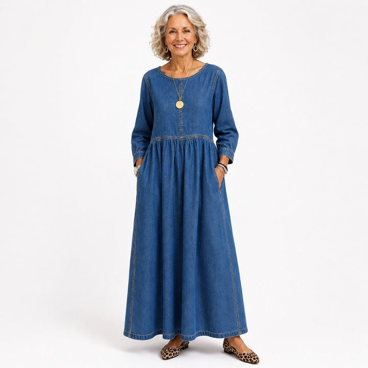 Cece | Elegant Round Neck Long Sleeve Denim Dress