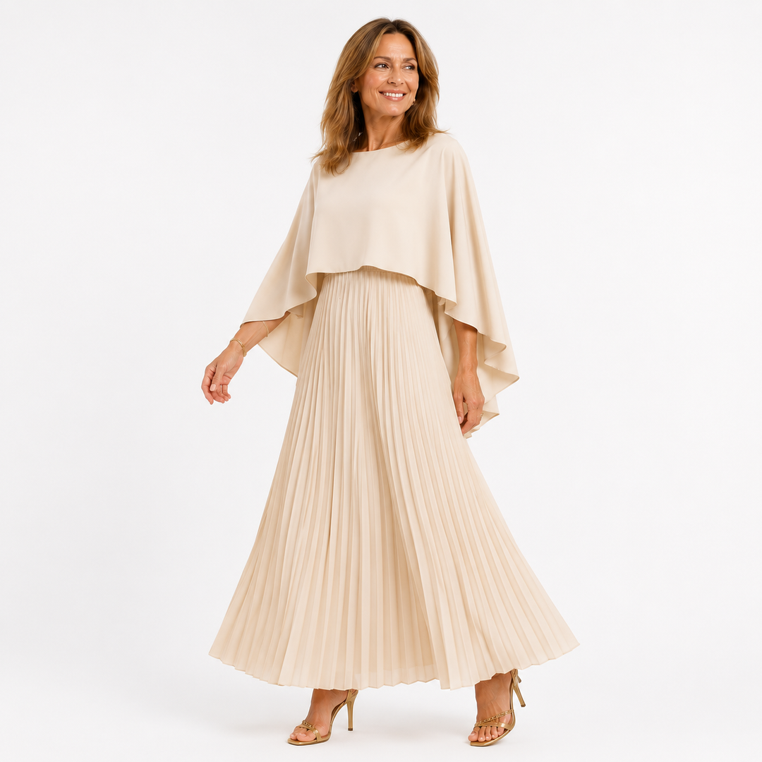 Evelyn I Cape Elegant Pleated Maxi Dress