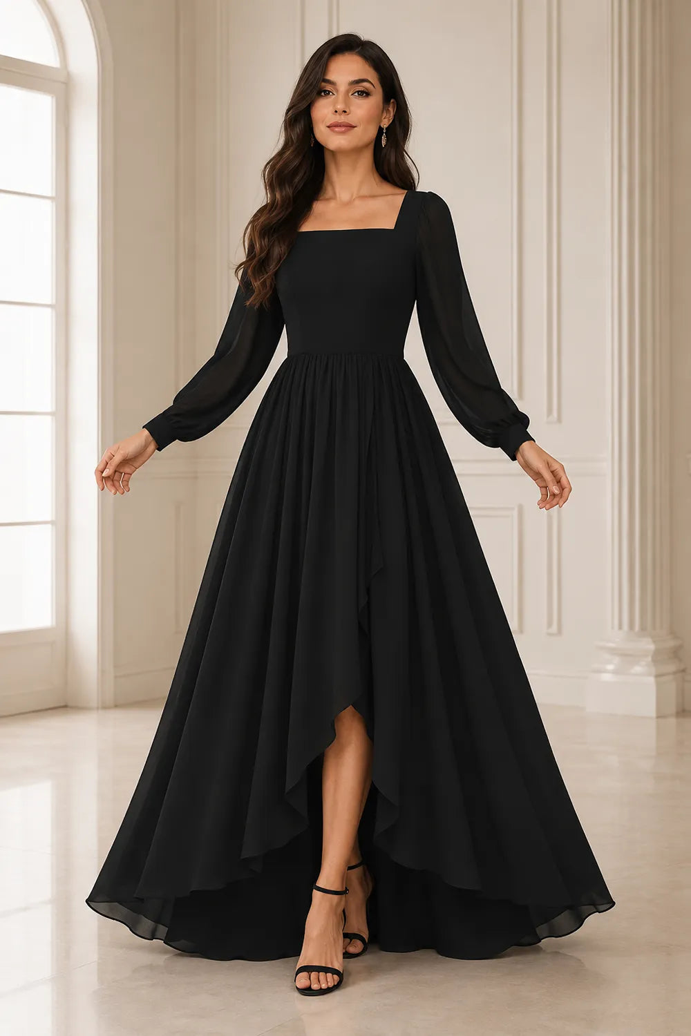 Long Sleeve Chiffon High-Low Wedding Guest Dress