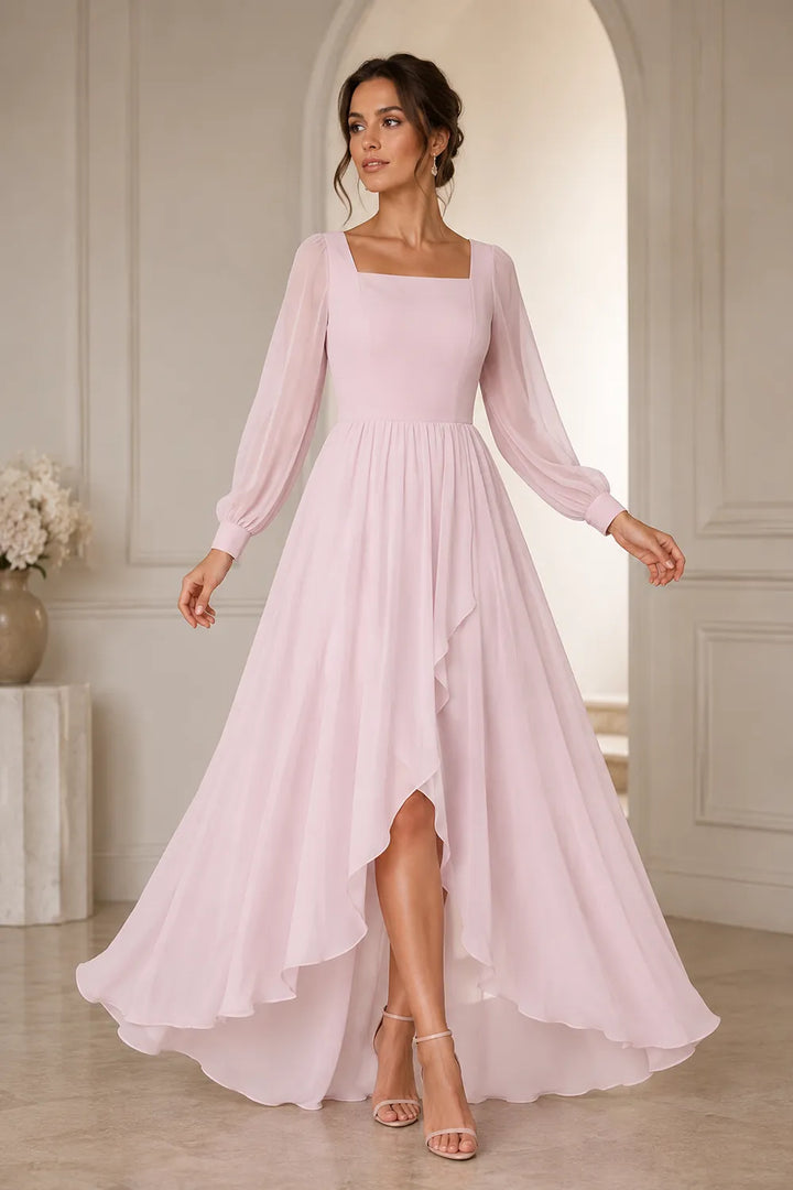Long Sleeve Chiffon High-Low Wedding Guest Dress