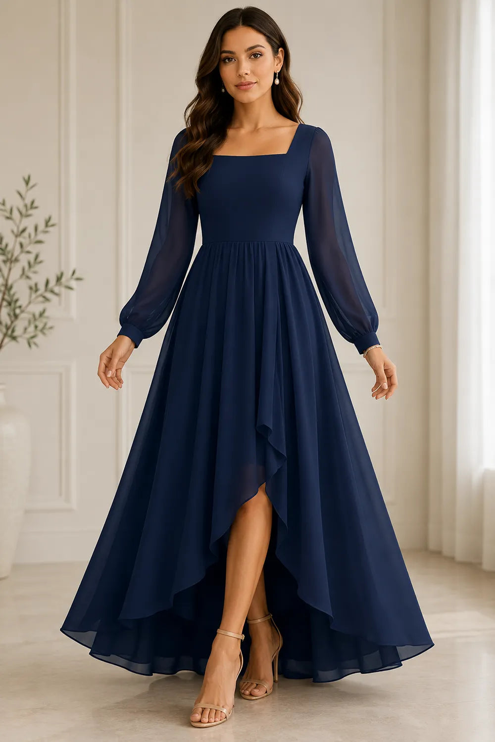 Long Sleeve Chiffon High-Low Wedding Guest Dress