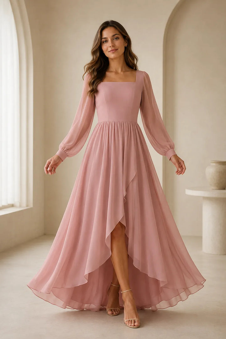 Long Sleeve Chiffon High-Low Wedding Guest Dress