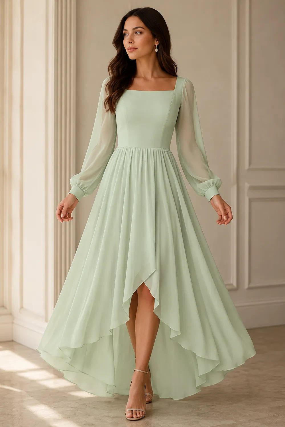 Long Sleeve Chiffon High-Low Wedding Guest Dress