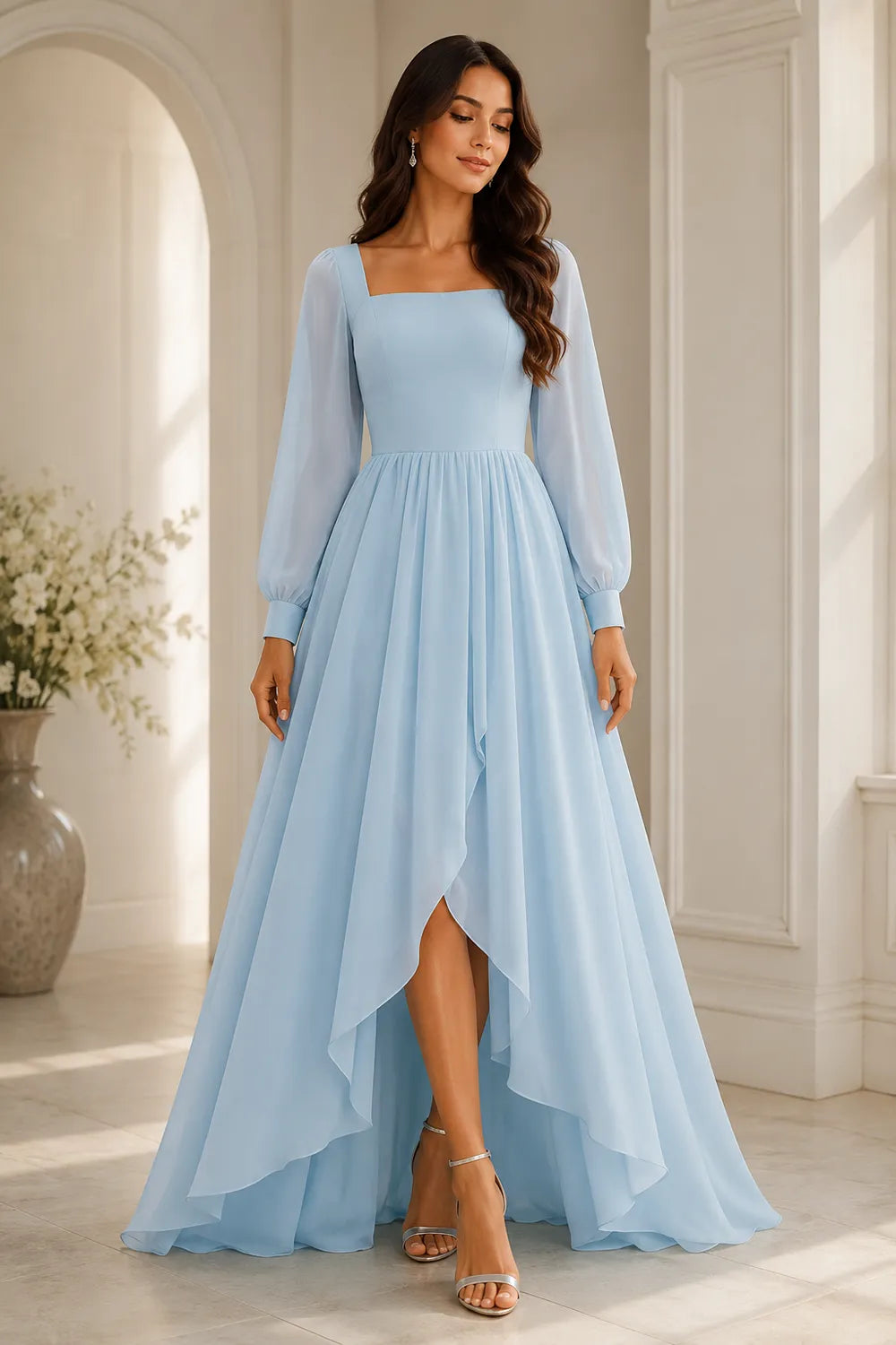 Long Sleeve Chiffon High-Low Wedding Guest Dress