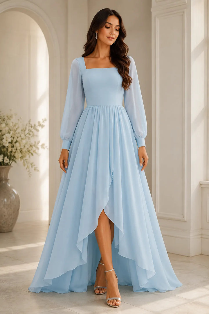 Long Sleeve Chiffon High-Low Wedding Guest Dress
