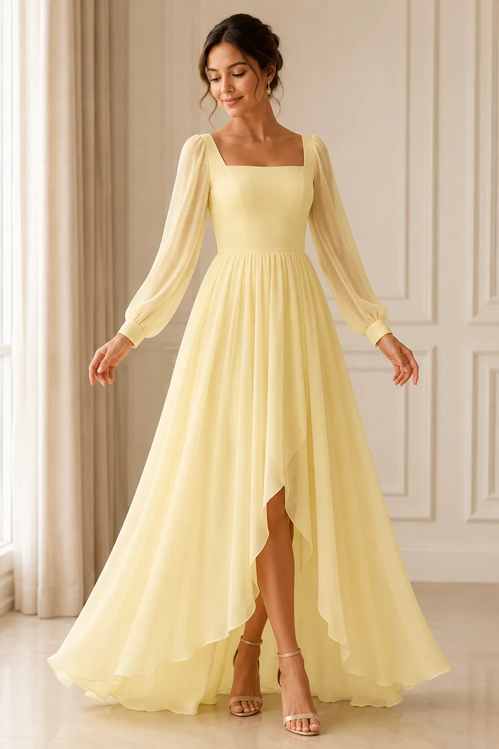 Long Sleeve Chiffon High-Low Wedding Guest Dress