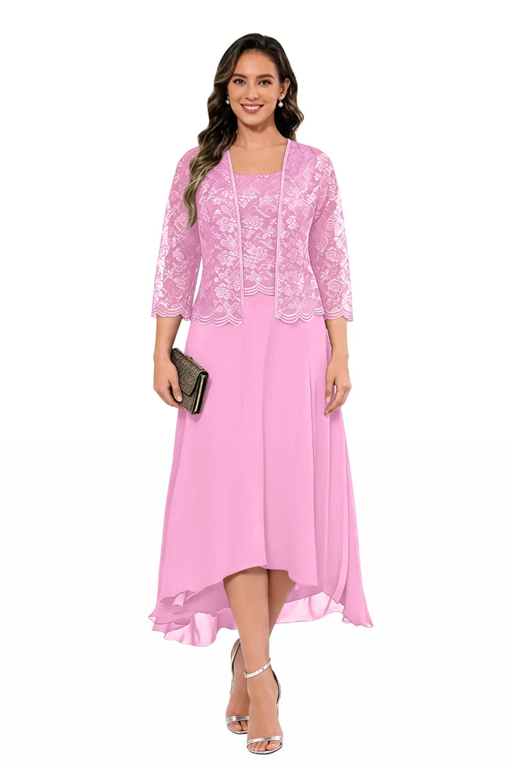 Elegant Lace Chiffon Midi Wedding Guest Dress with Jacket