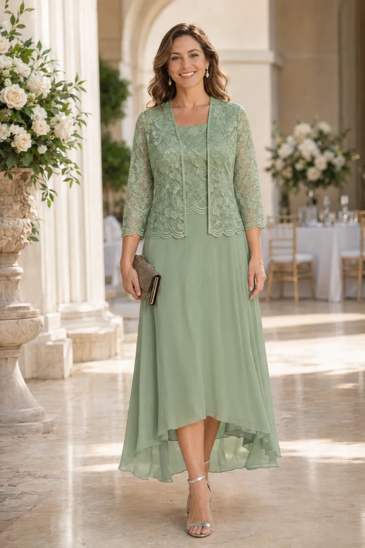 Elegant Lace Chiffon Midi Wedding Guest Dress with Jacket