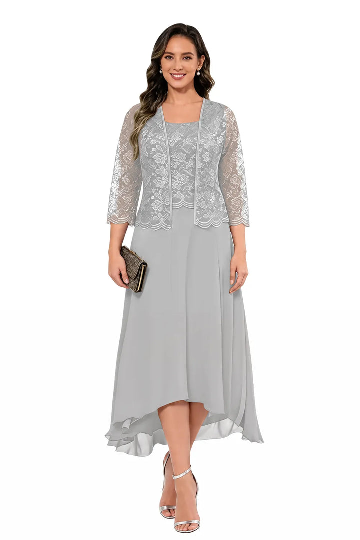 Elegant Lace Chiffon Midi Wedding Guest Dress with Jacket