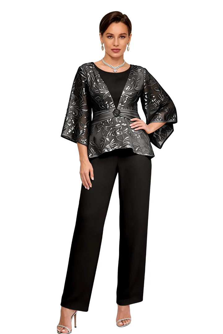 Sheer Bell Sleeve Embellished Evening Pant Set