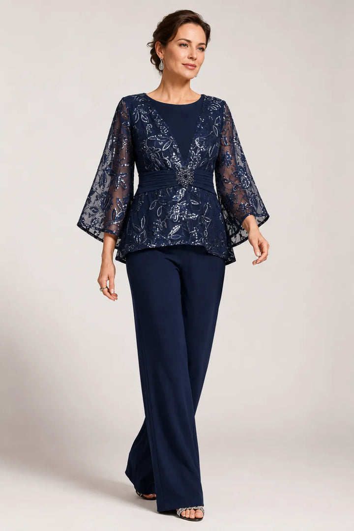 Sheer Bell Sleeve Embellished Evening Pant Set
