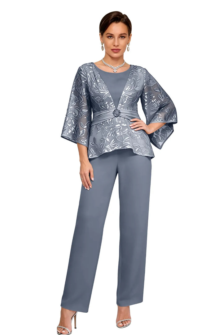 Sheer Bell Sleeve Embellished Evening Pant Set